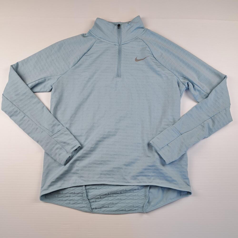 Nike Shirt Womens Medium Blue Therma Fit 1/4 Zip Running Pullover Thumbholes